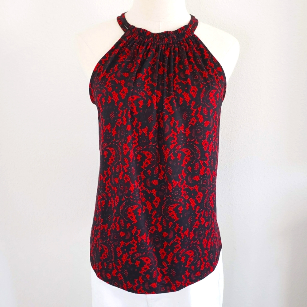 MICHAEL KORS Black & Red Floral Lace Print Halter Top--L